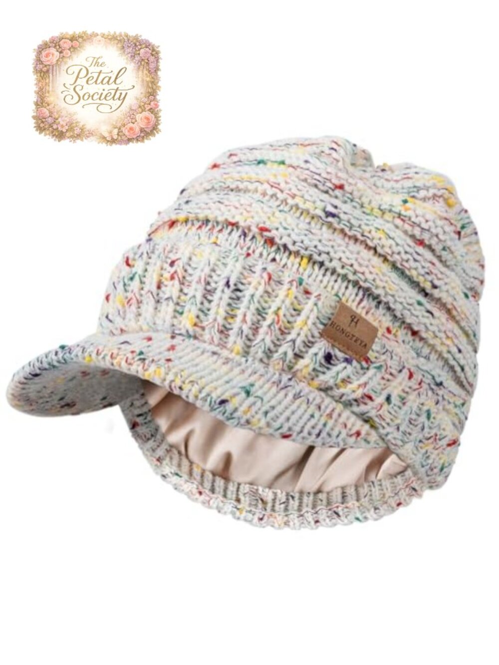 Satin Lined Knit Beanie with Brim Visor Winter Hat
